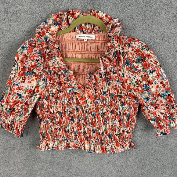 English Factory Ruffle Neck Smocked Top Floral Cropped M NWOT Feminine Playful - Picture 3 of 8